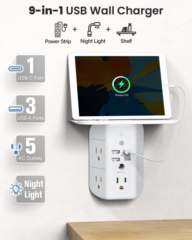 Outlet Extender for Wall with Shelf and Night Light, 3 USB Ports 1 USB C Outlet gallery