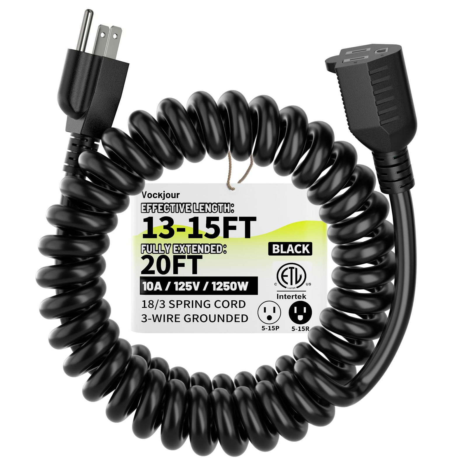 18AWG 15ft Black Coiled Extension Cord, 3 Prong Flexible Spiral Power Cord fo... gallery