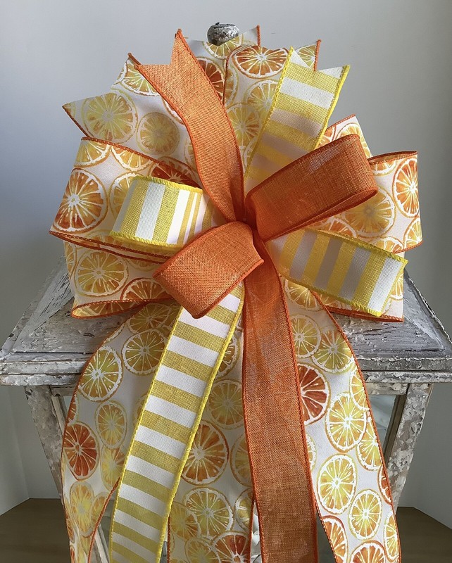 10" Handmade Orange Yellow White Spring Wired Wreath Bow - Orange Slices gallery