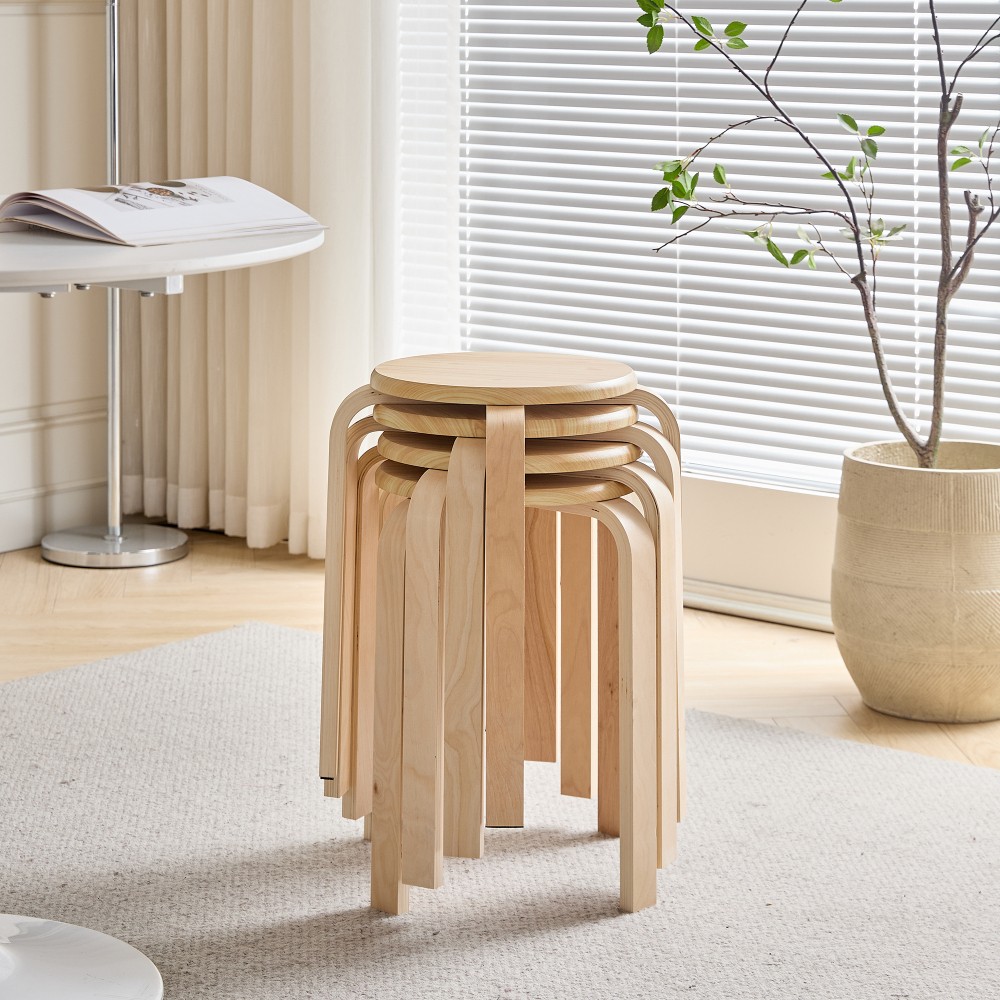 Set of 4 Stackable Stools, Stackable Bentwood Stools, Round Backless Chairs