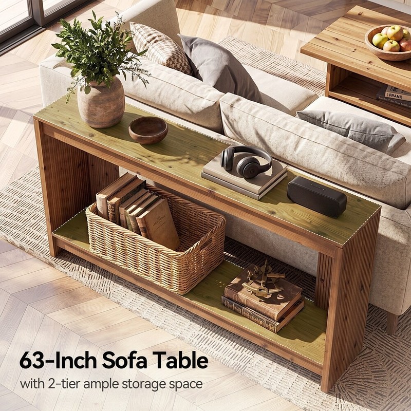 63"Solid Wood Rectangula Sofa Console Table w/ 2-Tier Storage Shelf for Entryway gallery