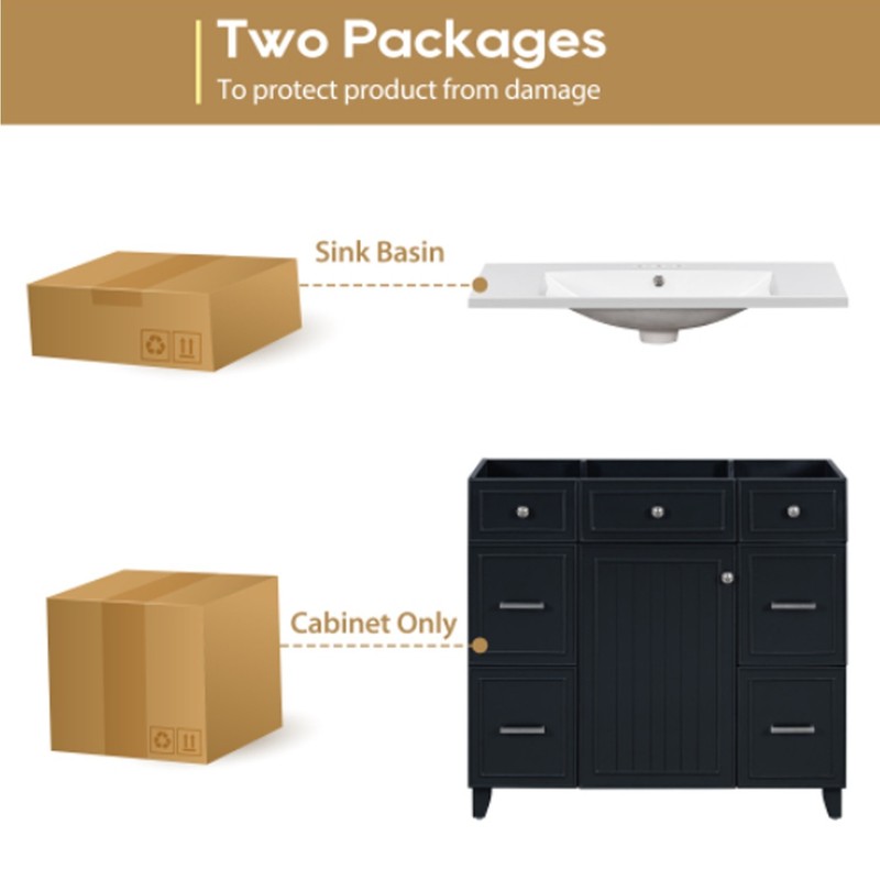 Solid Wood Finish 36''W x 34.3''H Sturdy Bathroom Vanity Sink Black Sink Vanity gallery