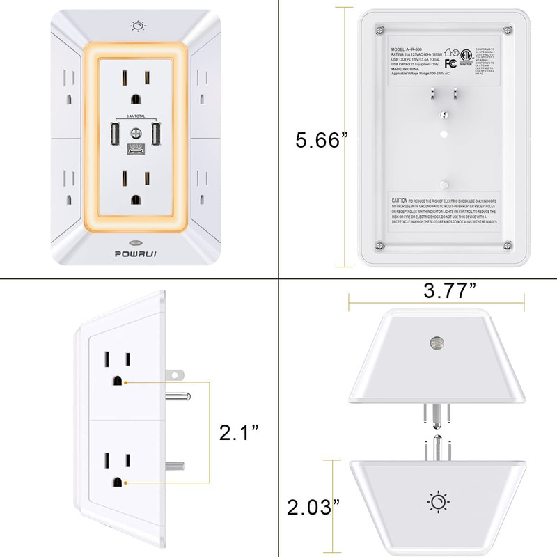 Multi Plug 6 Outlet Surge Protector Extender with 3 USB Ports (1 USB C) and Nigh gallery