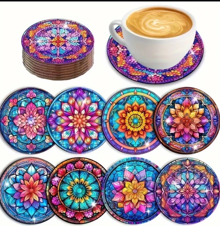 8 PCS Mandala Sparkly Diamond Painting Coasters Kits with Holder. DIY - Kitchen gallery
