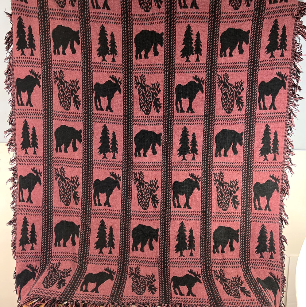 Bear Moose Throw Blanket Adirondack Rustic Cabin Decor Maroon Black Silhouettes