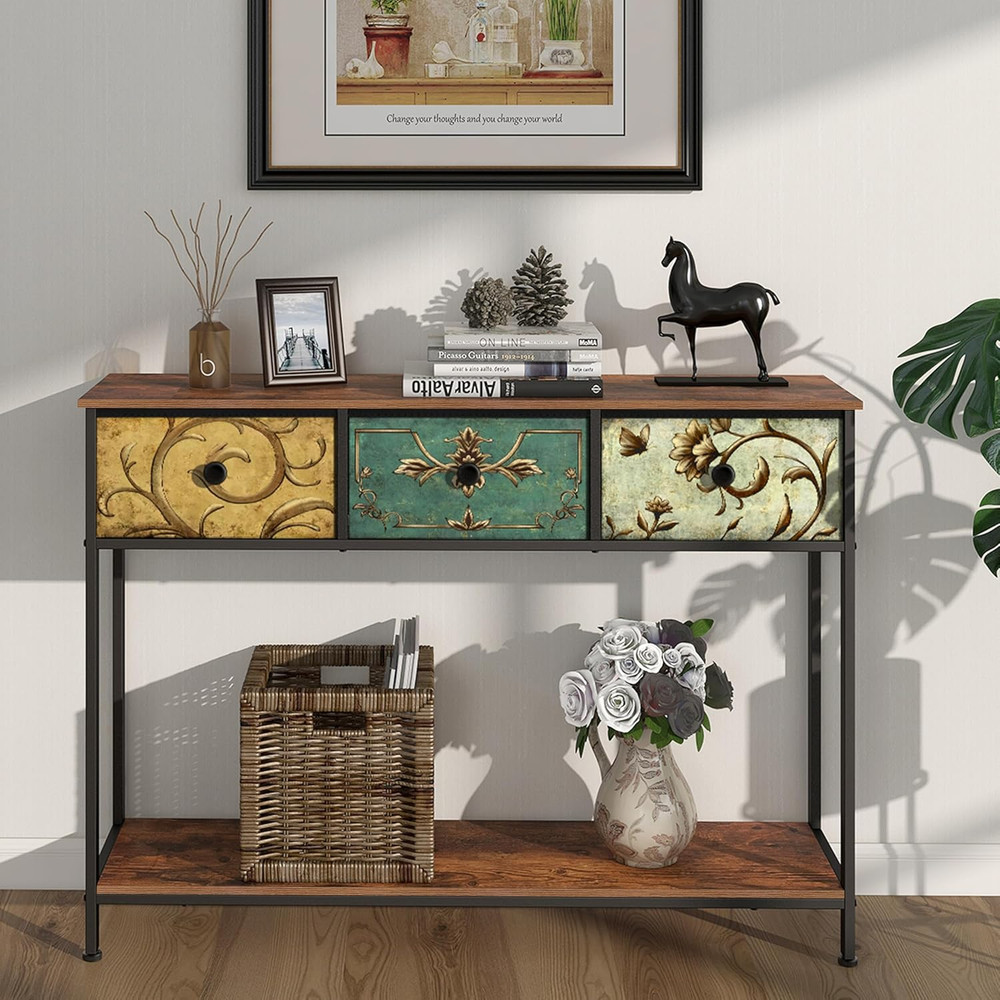Entryway Console Table Rustic Brown Boho Sofa Table 3 Fabric Drawers Shelf