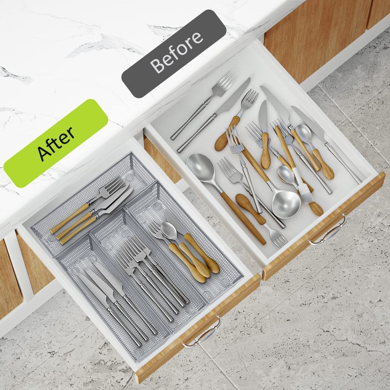 6 PCS 9x3x2 Inch Silver Mesh Silverware Organizer Metal Utensil Tray gallery