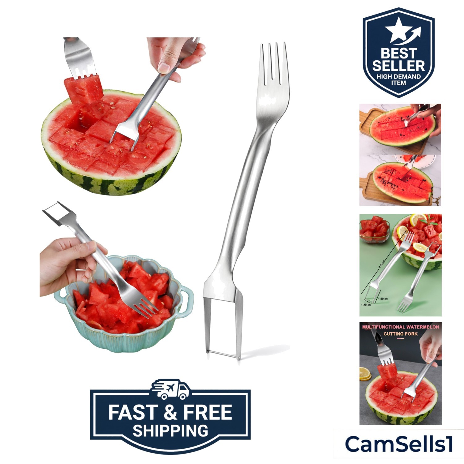 Watermelon Fork Slicer Cutter, Stainless Steel 2-in-1 Watermelon Cutter for F... gallery
