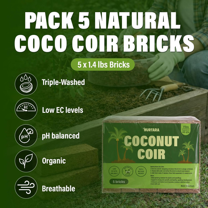 7 Lbs Bricks, Pack 5 Coconut Coir | 1.4 Lbs Each | Organic Compressed Cocopeat, gallery