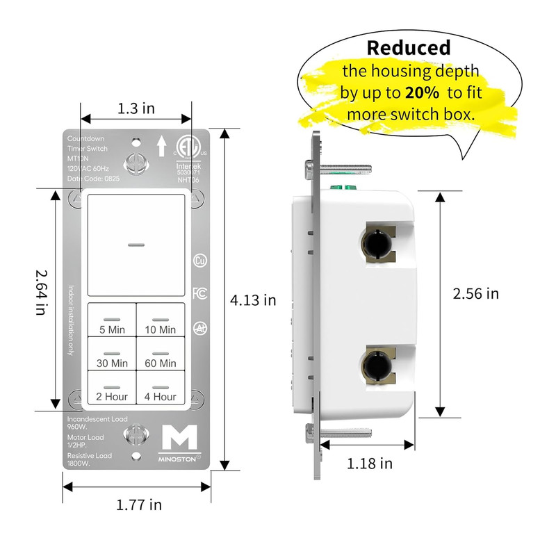 Countdown Timer Switch for Bathroom Fans and Lights, 5/10/30/60 Min, 2/4 Hours, gallery