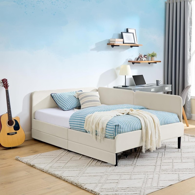 Full Size Daybed with 2 Storage Drawers L Shaped Corner Sofa Bed with Head Board gallery