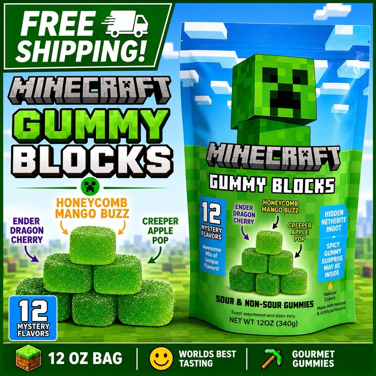 12 Epic Flavors Minecraft Gummy Blocks - Sour/Non Gummies - 12oz - Free Shipping gallery