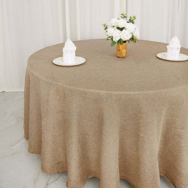 NATURAL 120" Round Faux Burlap Tablecloth Wedding Party Linens gallery