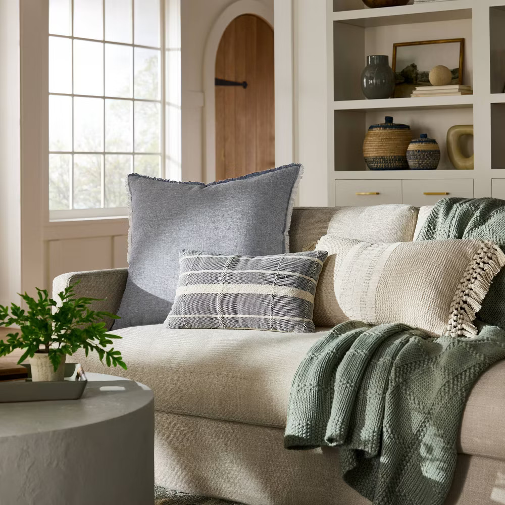 Oversized Reversible Linen Square Throw Pillow with Frayed Edges Blue gallery