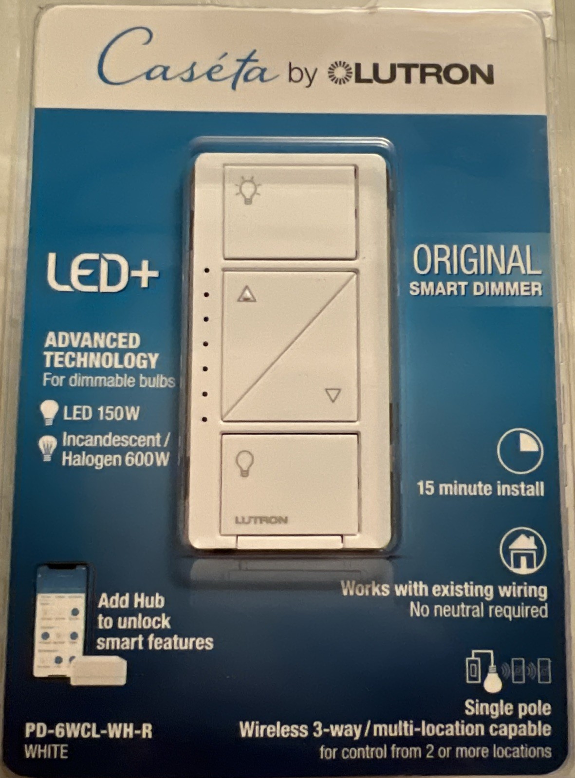 Lutron Caseta LED+ Smart Dimmer Switch PD-6WCL-WH-R White 150W LED gallery