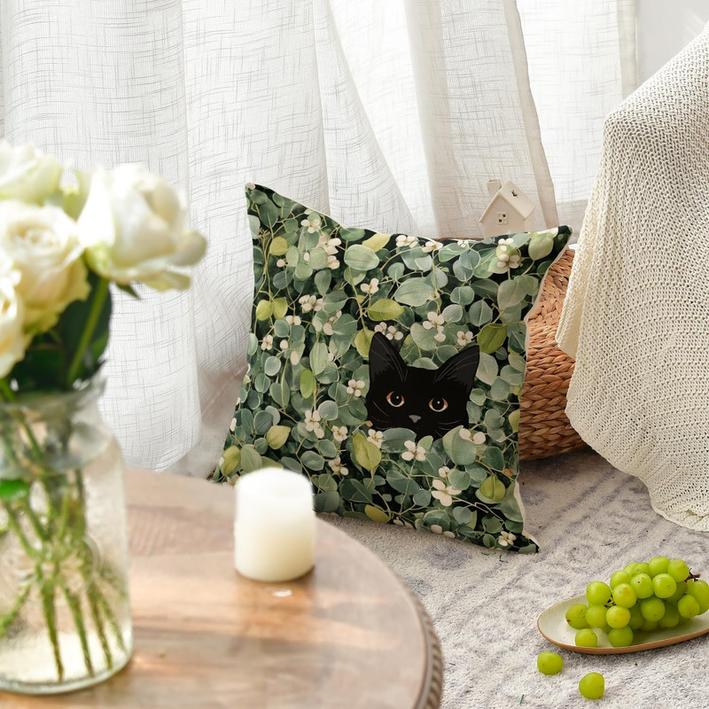 Spring Eucalyptus Leaves Black Cat Floral Throw Pillow Covers, 18 X 18 Inch Flow gallery