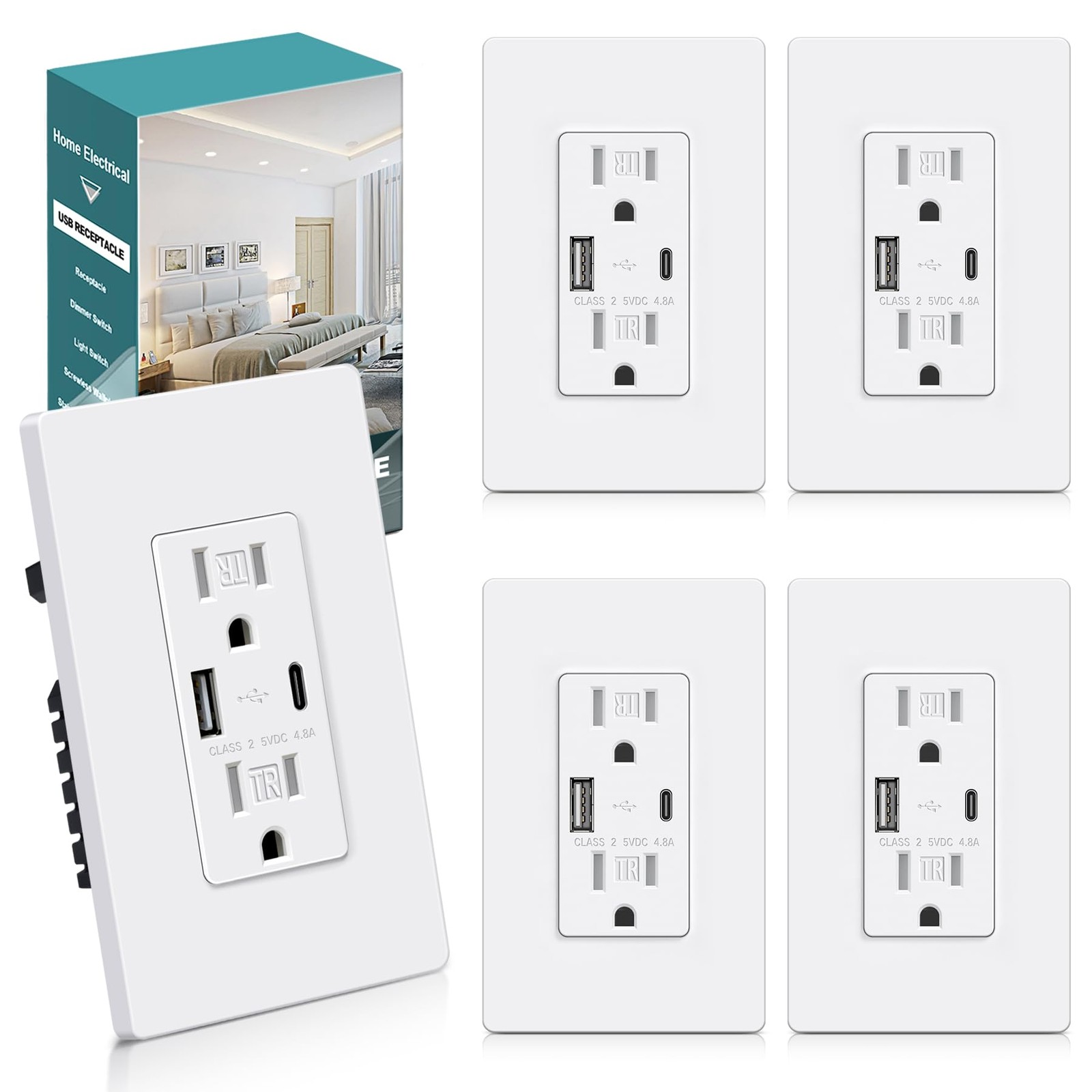 BESTTEN 24W USB Wall Outlet 15A Power Outlet Type C Type A Ports 4.8A USB Recept gallery