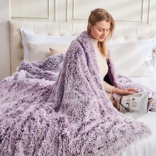 Fuzzy Faux Fur Throw Blanket Queen Size Super Queen(90"x90") Frosty Purple gallery