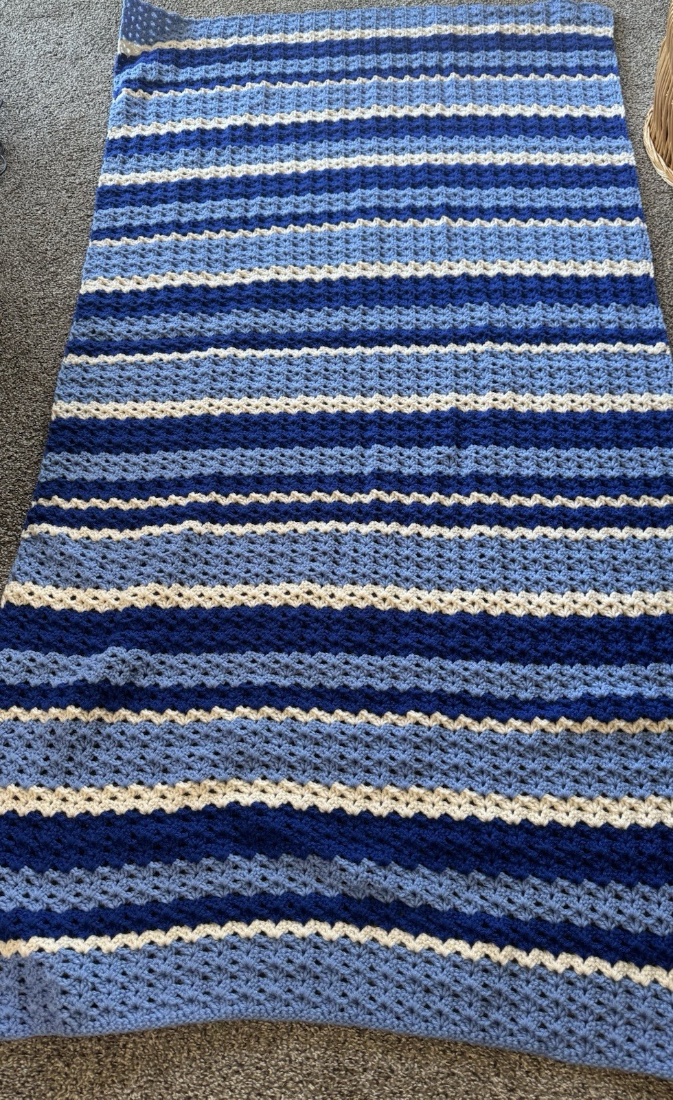 Handmade Crocheted Blue & White Striped Throw Blanket 36 x 70 Rectangular gallery