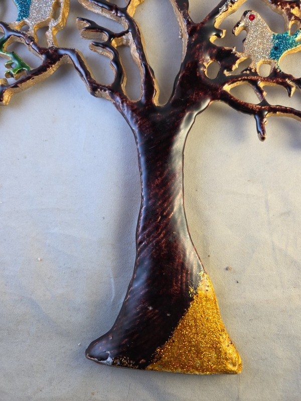 Authentic India Meenakari Enameled Metal Tree Art Woodland Squirrels Birds 16.5" gallery