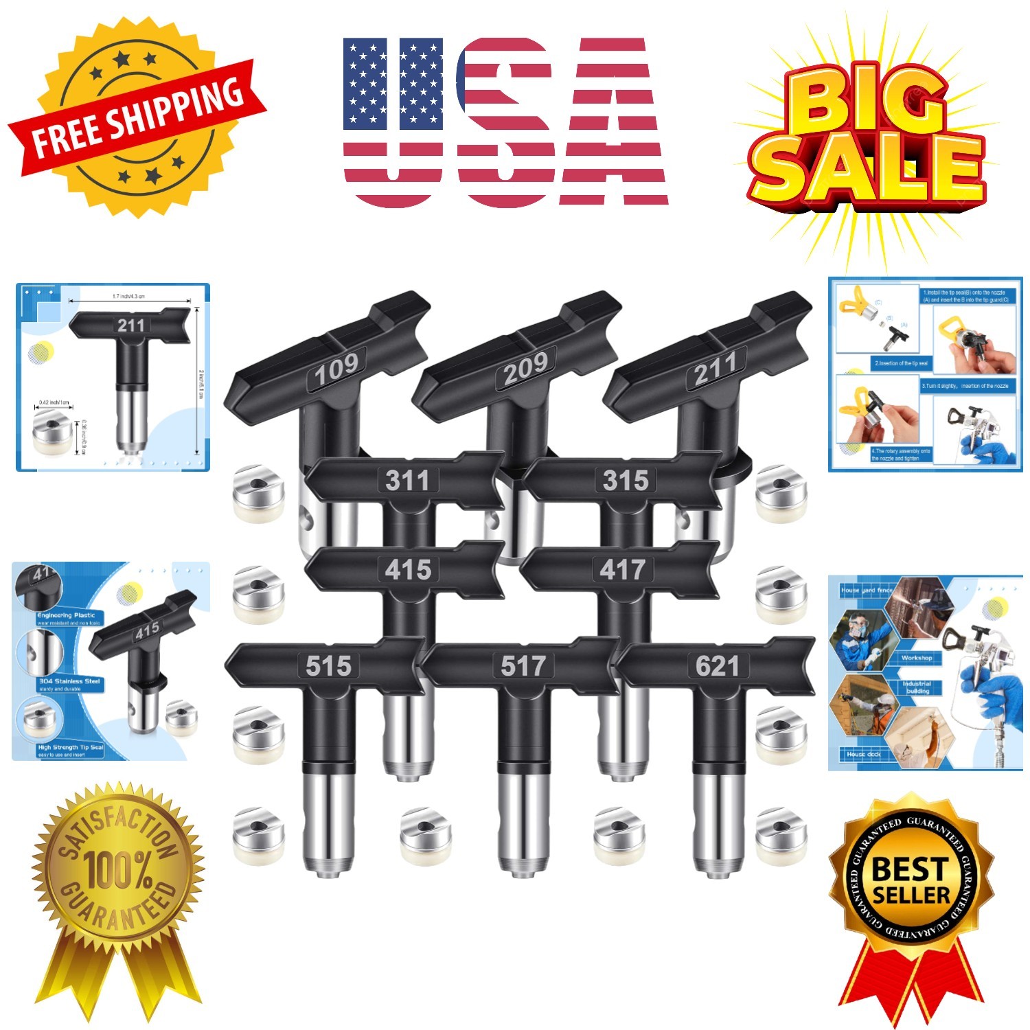 10 Pcs Reversible Airless Spray Tips Set 109 209 211 311 315 415 417 515 517 ... gallery