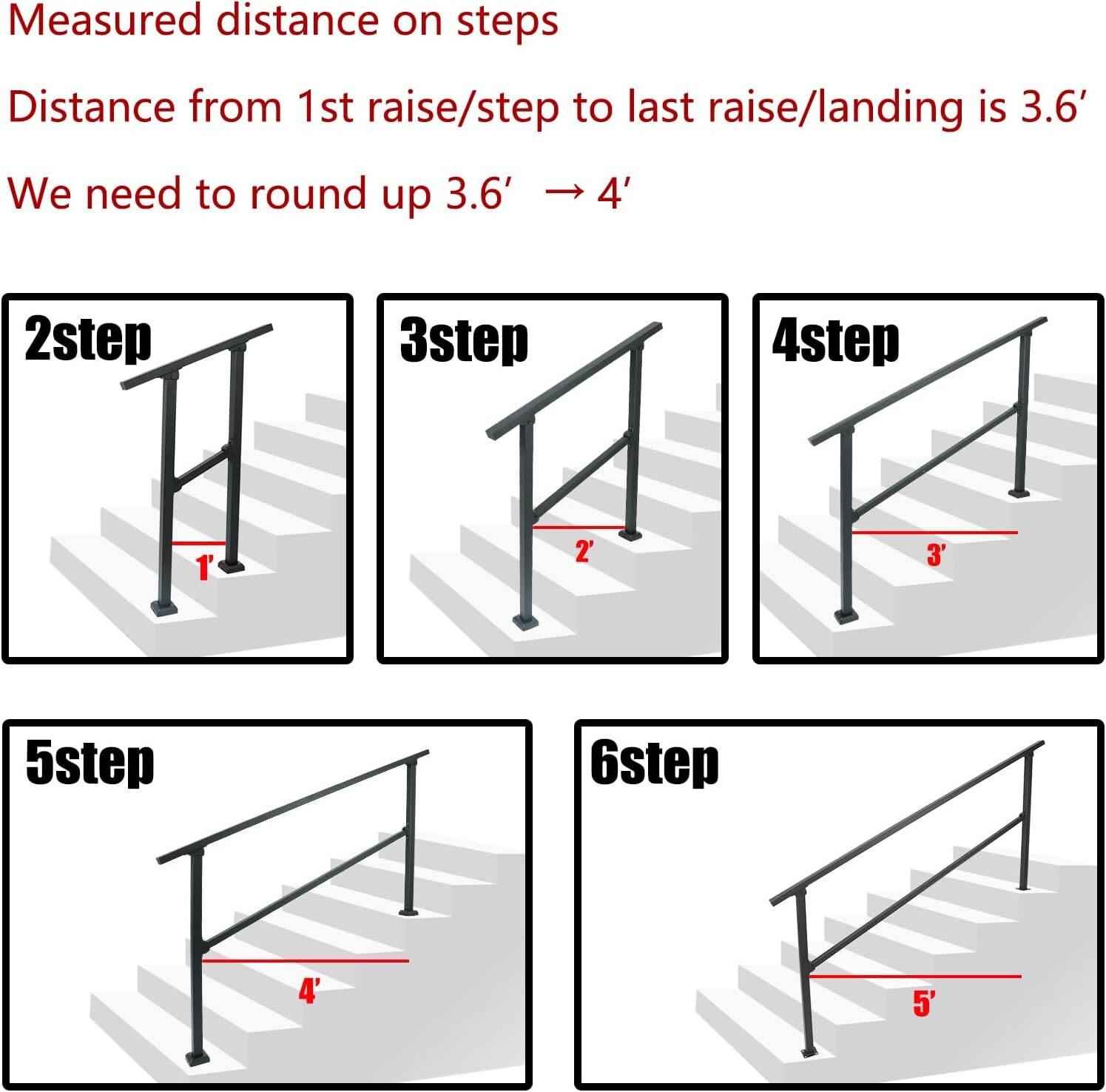 2/3/4/5/6 Steps Handrails Stair Railing Outdoor Iron Handrail Adjustable Height gallery
