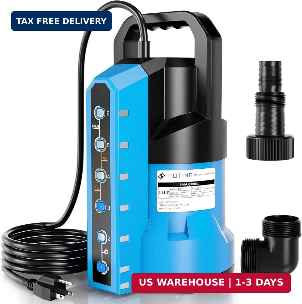 FOTING Sump Pump 3/4HP Automatic Submersible Water Pump, 2400GPH Thermoplastic E
