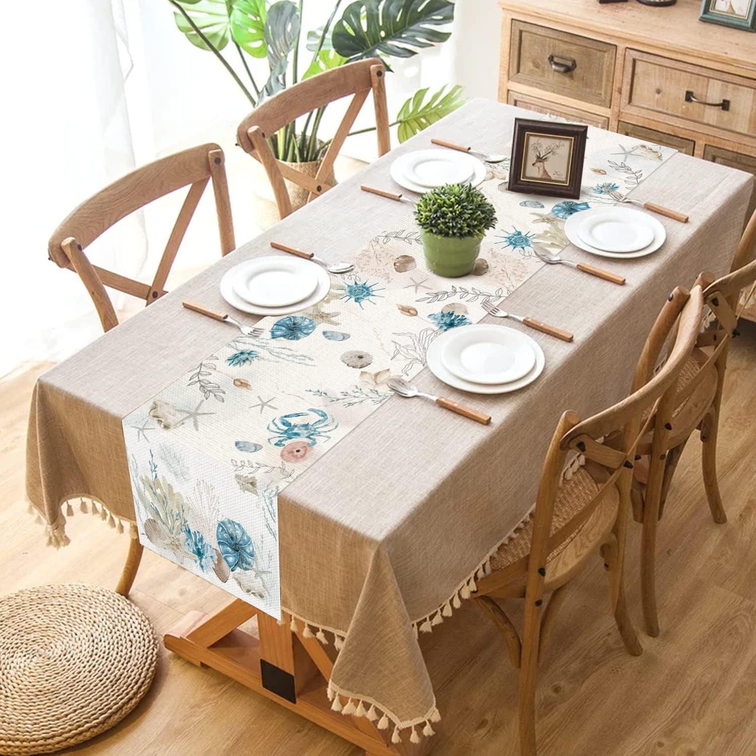 Blue Beach Table Runner Tropical Ocean Coastal Table Runners Seashell Burlap gallery