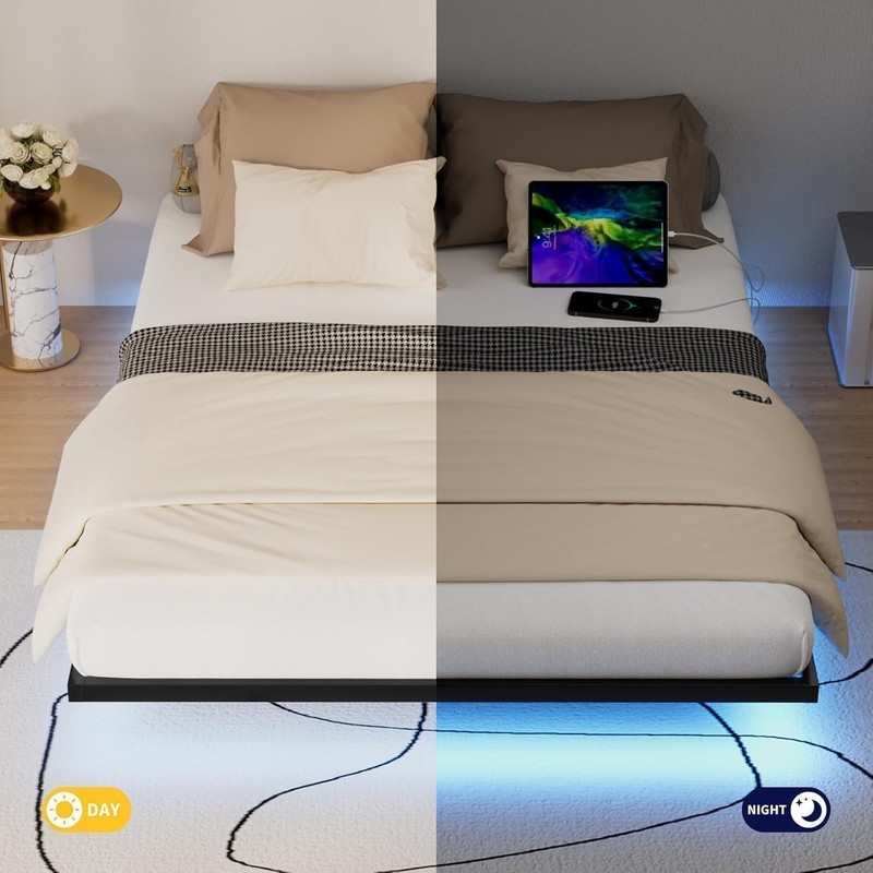 Floating Bed Frame Full Size with LED Lights and Charging Station, Metal Platfor gallery