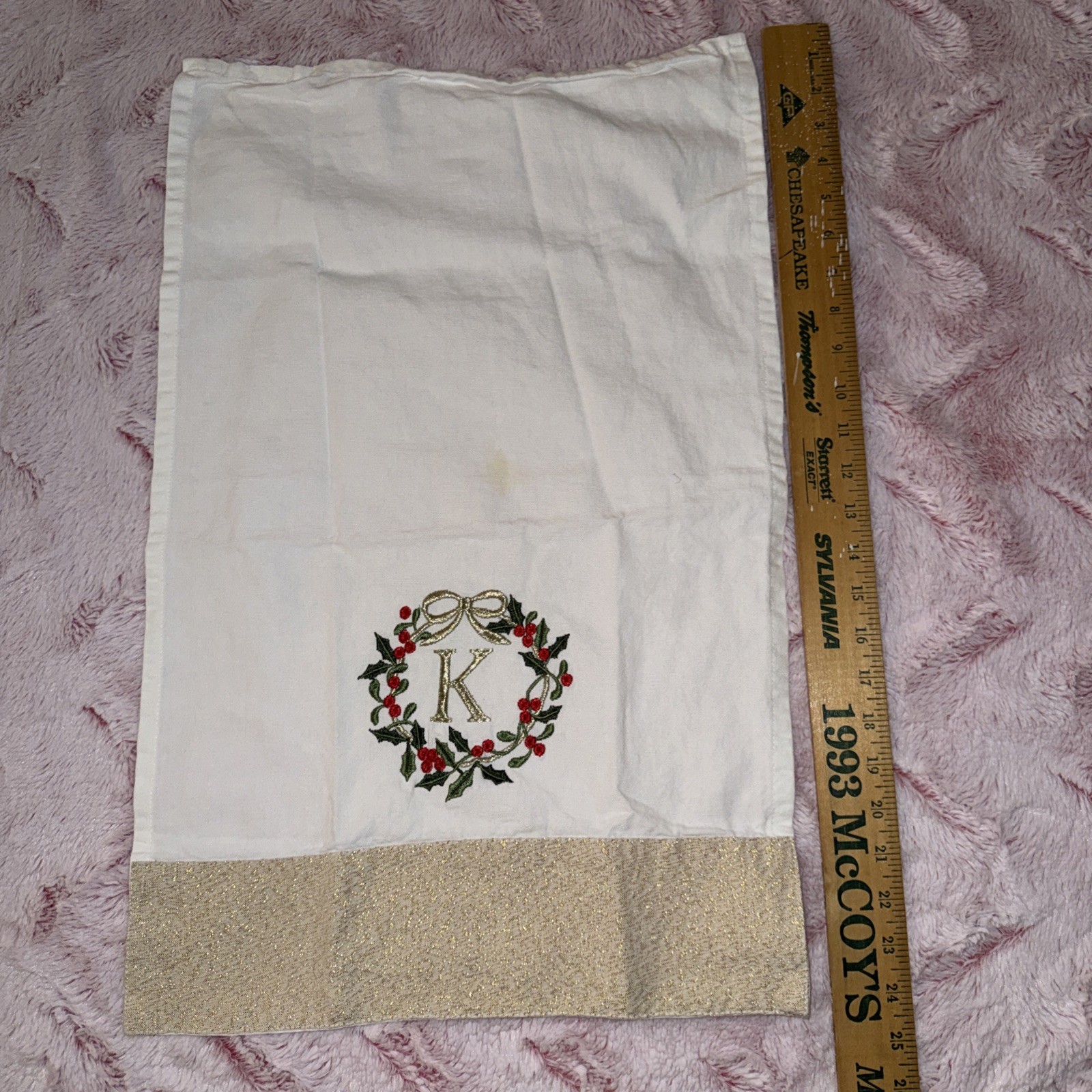 White Gold Kitchen Towel Embroidered “K” Christmas Wreath - gallery