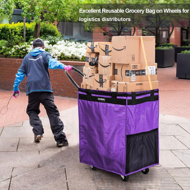(Medium,Violet) Reusable Grocery Bag on Wheels, 70L Foldable Rolling Tote, Ex... gallery