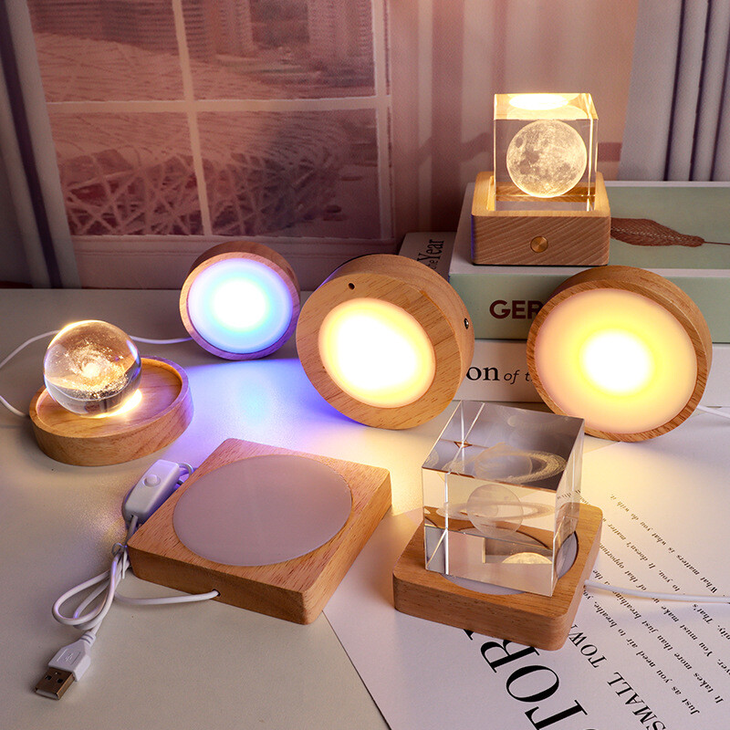 2-PACK 7 Color LED Lights Display Base Wooden Lighted Base Stand for Crystal NEW gallery