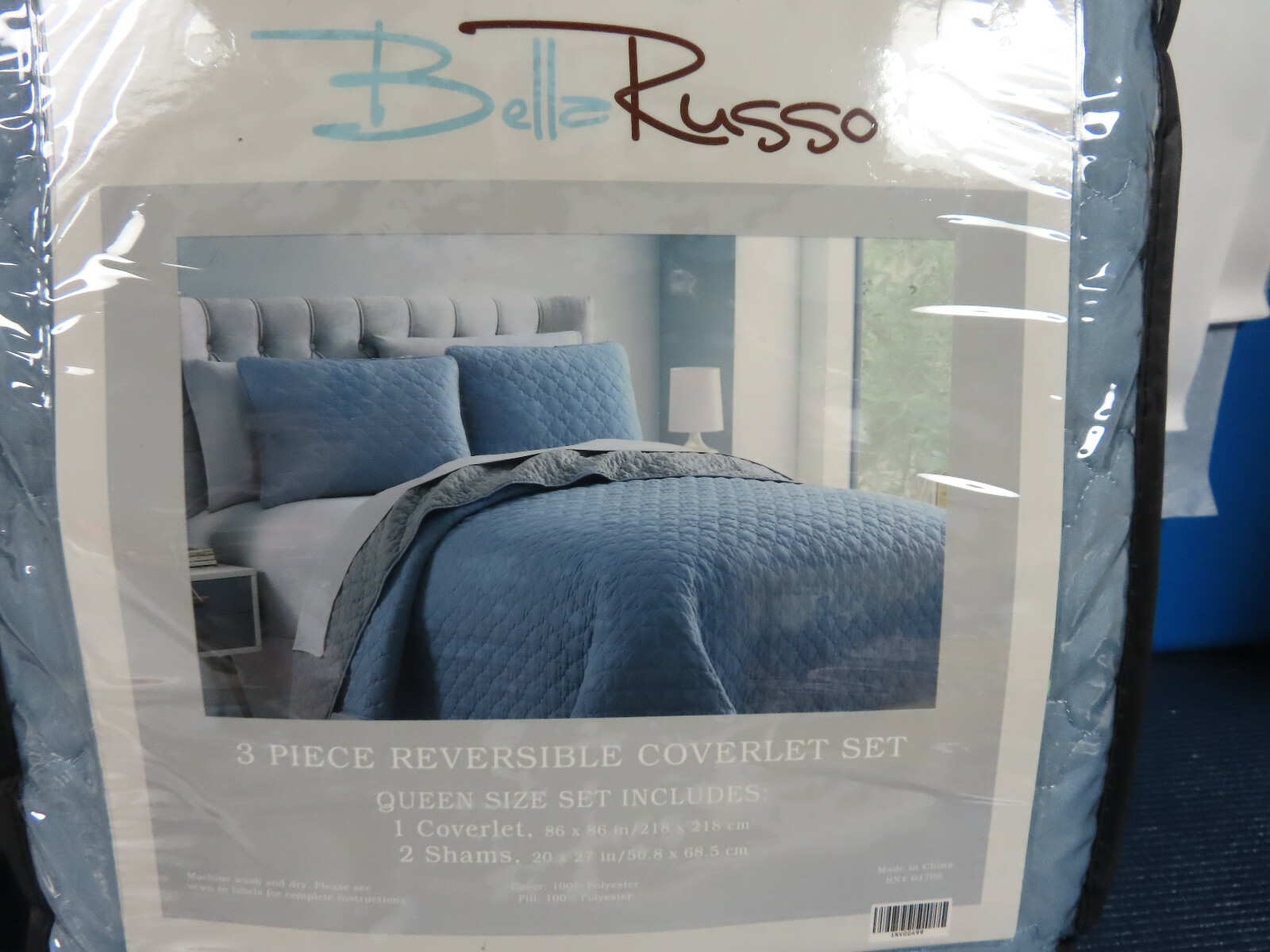 NIP BELLA RUSSO 3 PC. REVERSIBLE COVERLET QUEEN SIZE, ONE SIDE BLUE OTHER GRAY gallery