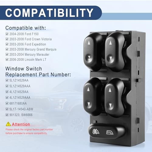 Power Window Control Switch, Master Door Button Compatible with Ford/03-08 gallery