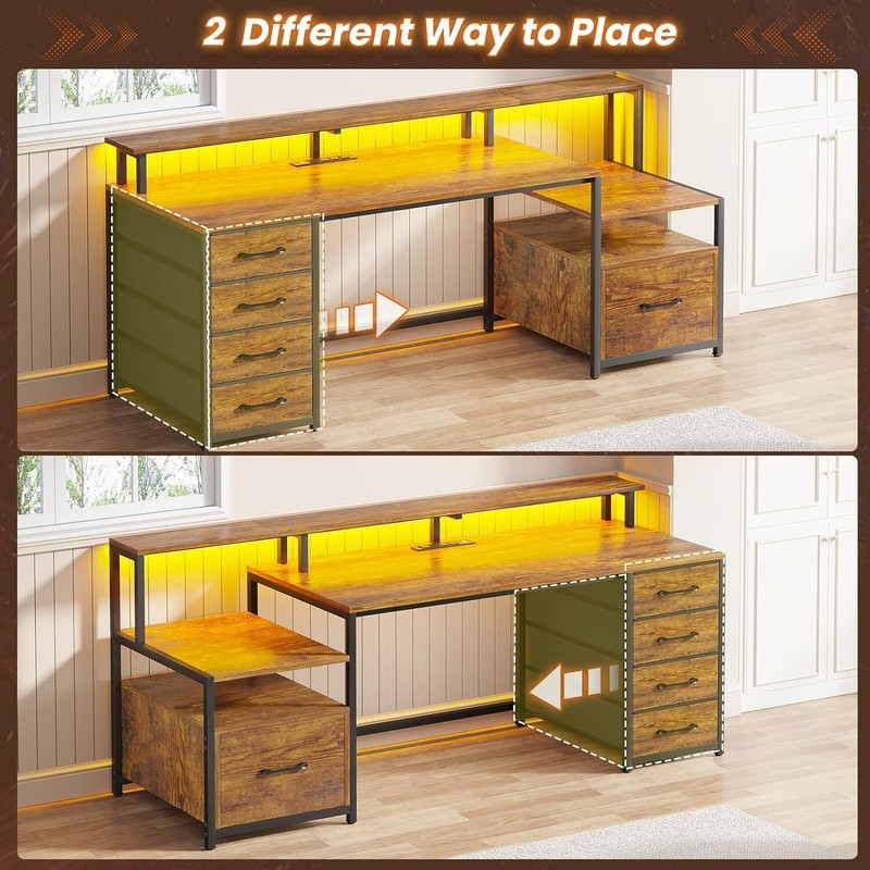 66'' Computer Desk with Led Lights&Monitor Shelf, Home Office Desk w/File Drawer gallery