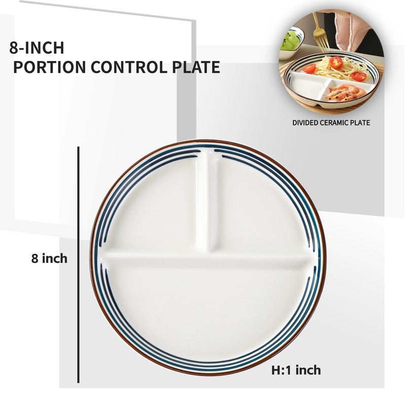 8-Inch Ceramic Portion Control Plate Healthy Meal Balance((Adult diet Divider... gallery