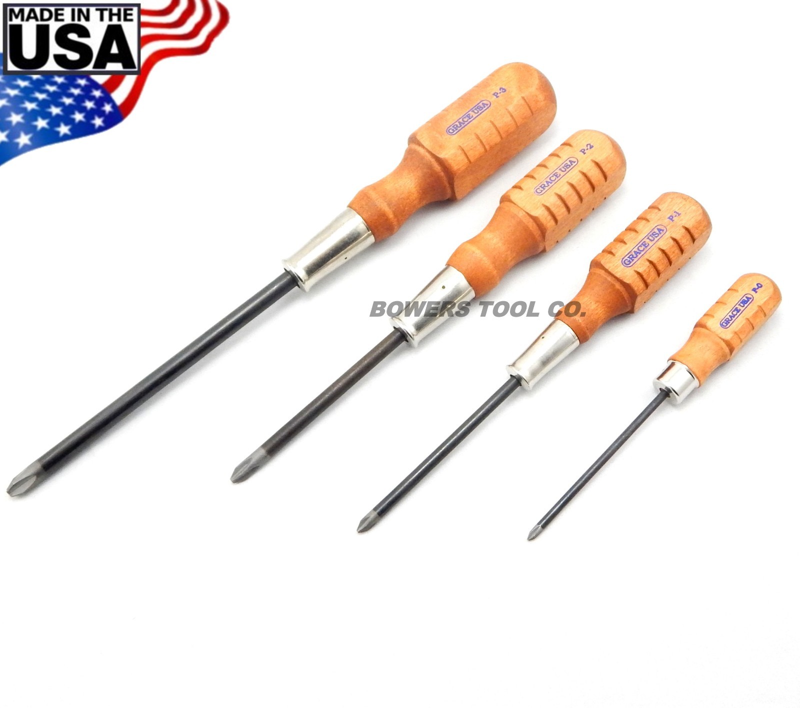 Grace 4pc Phillips Screwdriver Set P0 P1 P2 P3 Wood Handle Made in USA gallery