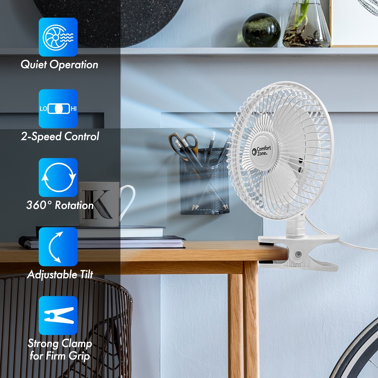 Comfort Zone 6" Portable Clip on Desk Fan with 2-Speeds & Fully Adjustable Tilt gallery