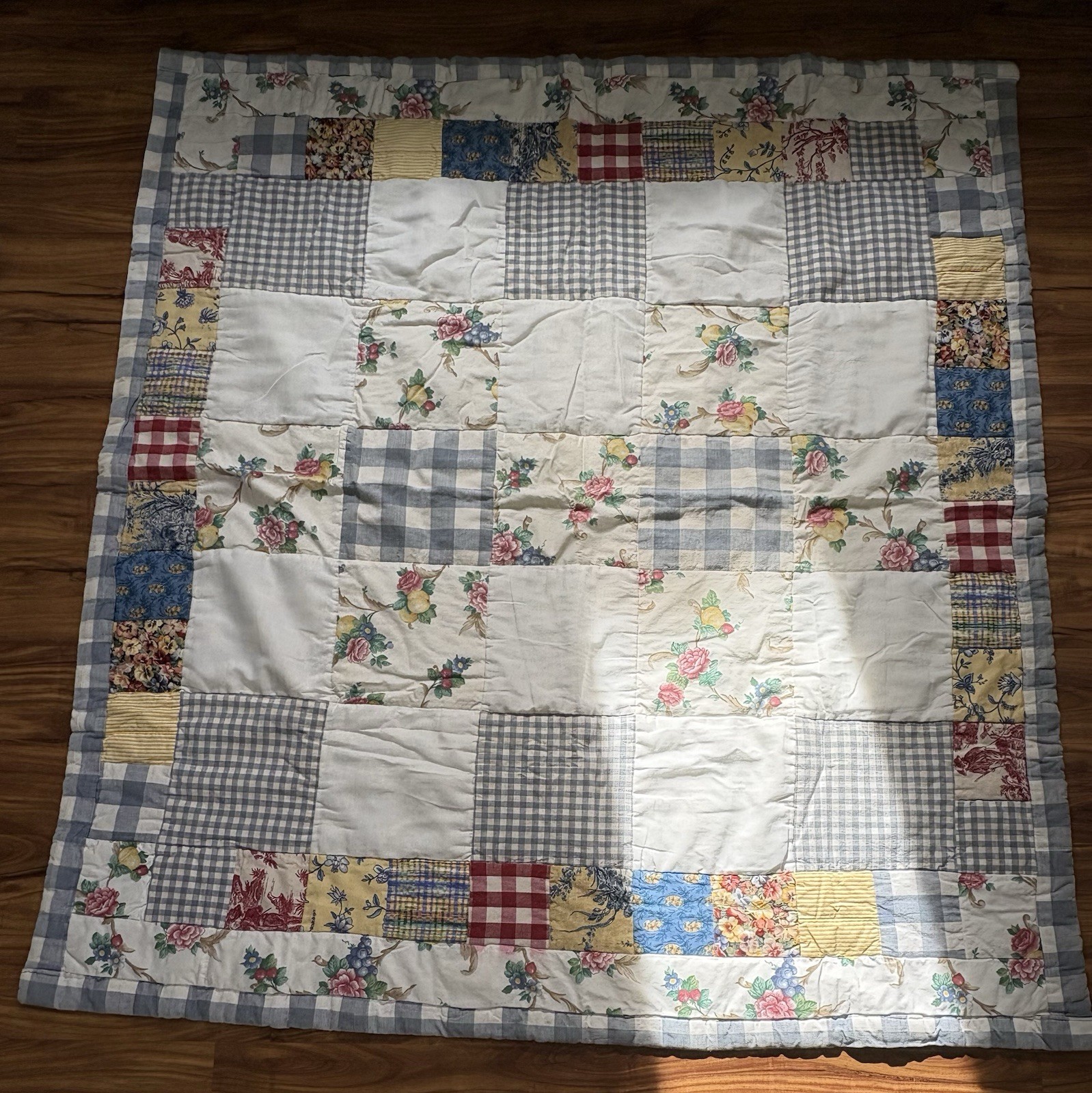 Vintage Handmade Machine Stitched Heavy Floral & Gingham Block Quilt 66x62” gallery