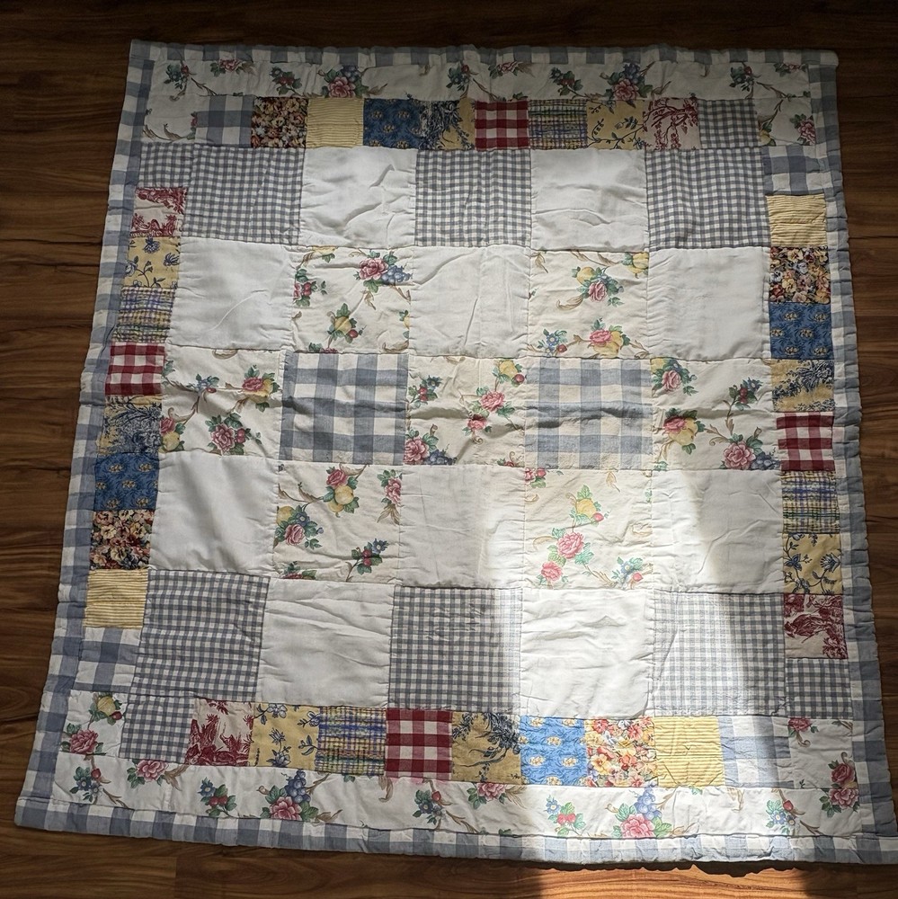 Vintage Handmade Machine Stitched Heavy Floral & Gingham Block Quilt 66x62”