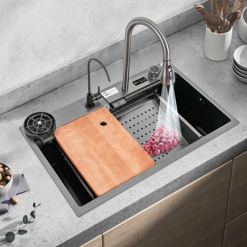 Kitchen Sink Double Basin Stainless Steel Sink Bowl W/ Pull-out Faucet gallery