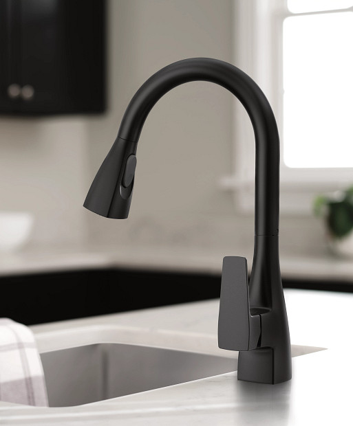 Moen 76160BL Slate Matte black one-handle high arc pulldown kitchen faucet gallery