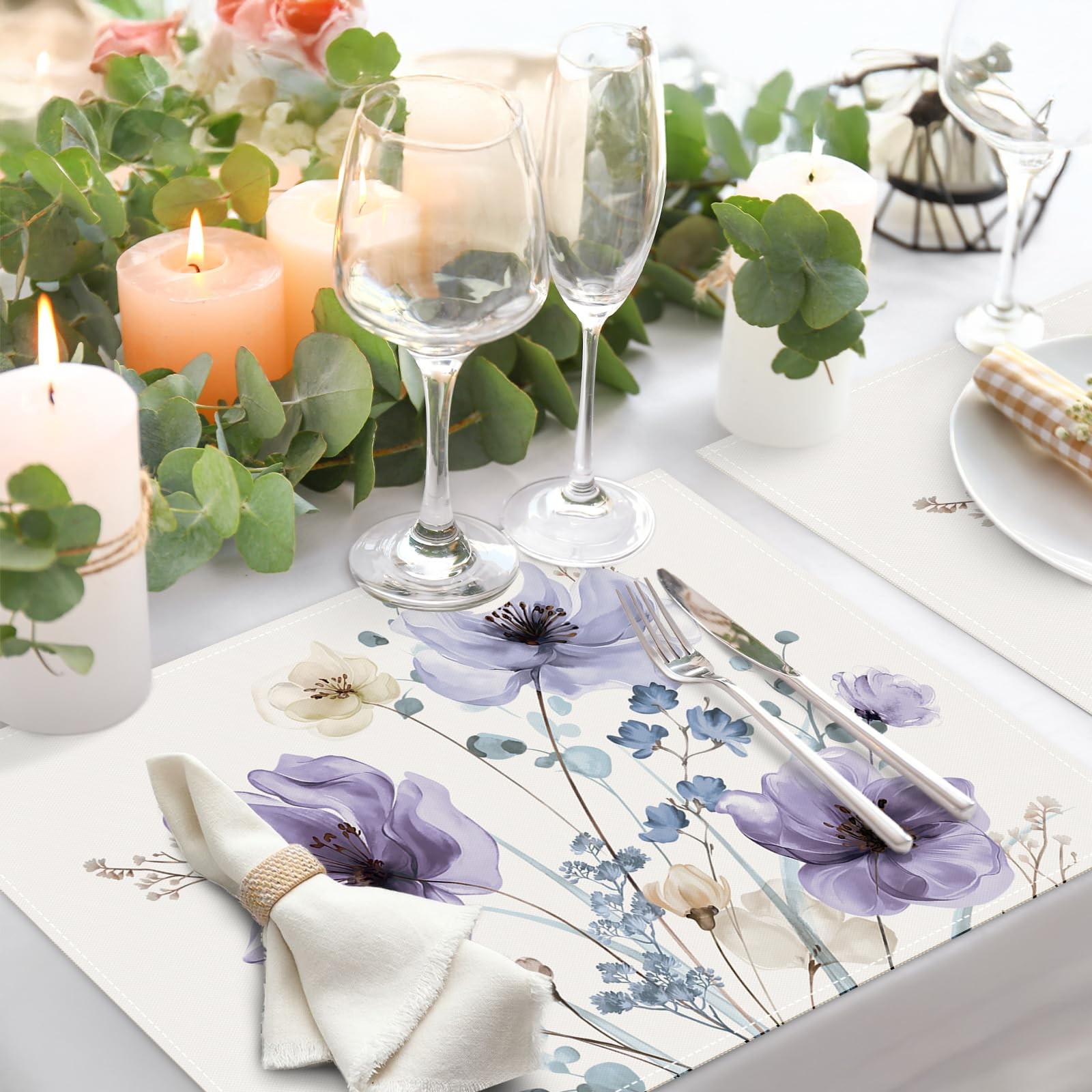 Bonhause Watercolor Floral Placemats Set of 4, 12x18 Inch 12"W x 18"L, Purple gallery