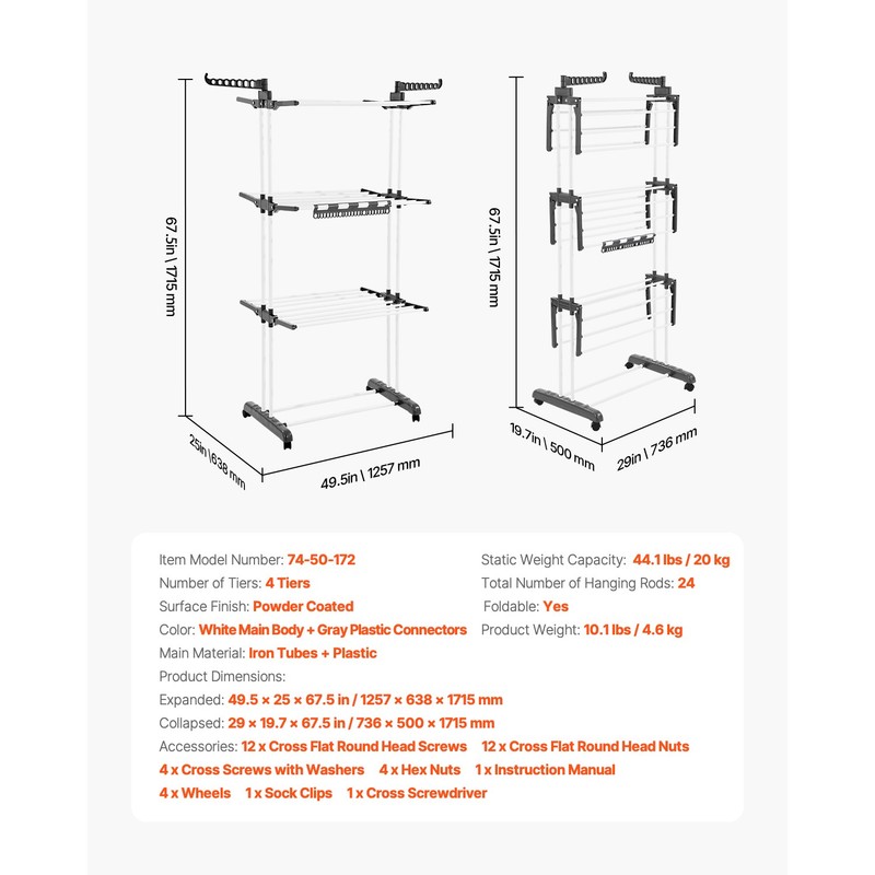 67.5“ Foldable Clothes Drying Rack Rolling Folding 4-Tier Dryer Hanger 4 Castors gallery