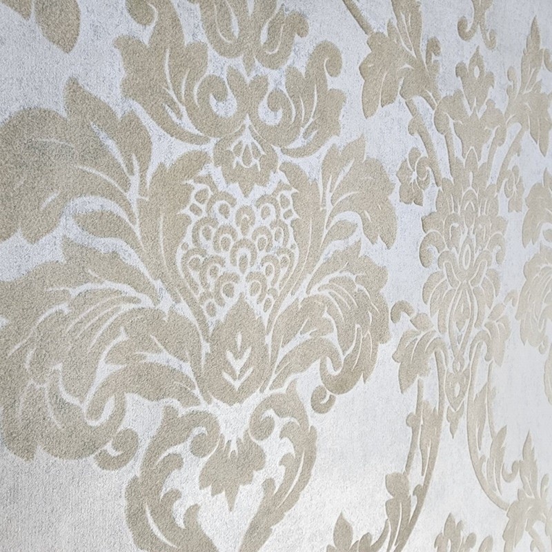 Wallpaper flocking rustic beige Flocked vintage damask velvet wallcoverings roll gallery