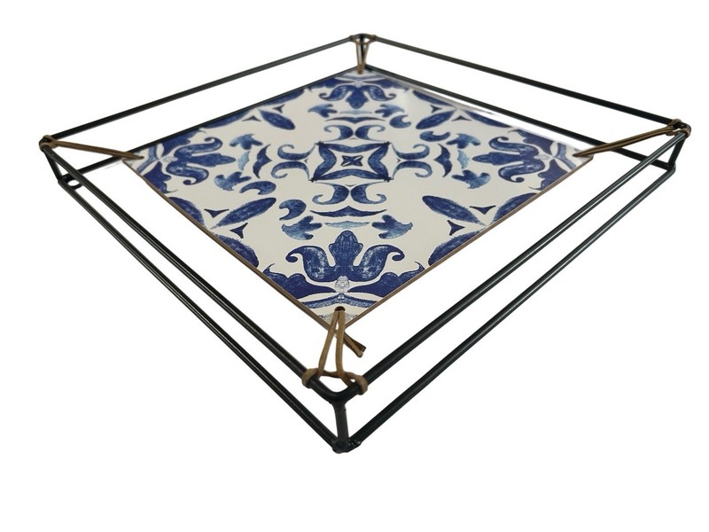 Blue White Tile Pattern Wall Art Ceramic Look Print Modern Black Metal Frame 11” gallery
