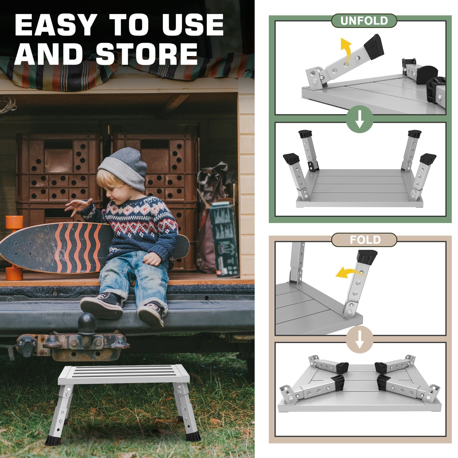 Adjustable Height Aluminum RV Step, Stable Foldable Platform Step Stool,Silver gallery