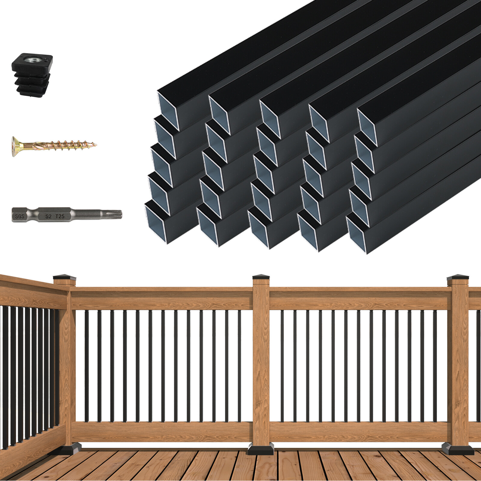 Muzata 32"Aluminum Deck Balusters Square Black Deck Railing Stair Balusters WT26 gallery