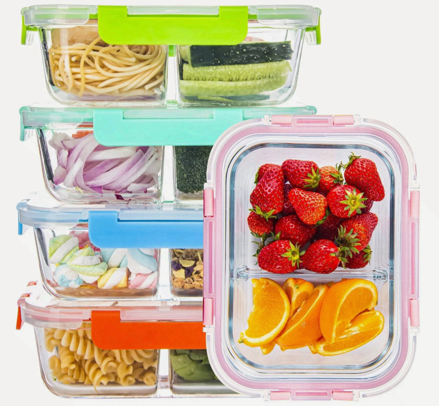 Glass Meal Prep Containers 2 Compartment with Lids (5 Pack 34oz) Divided Storage