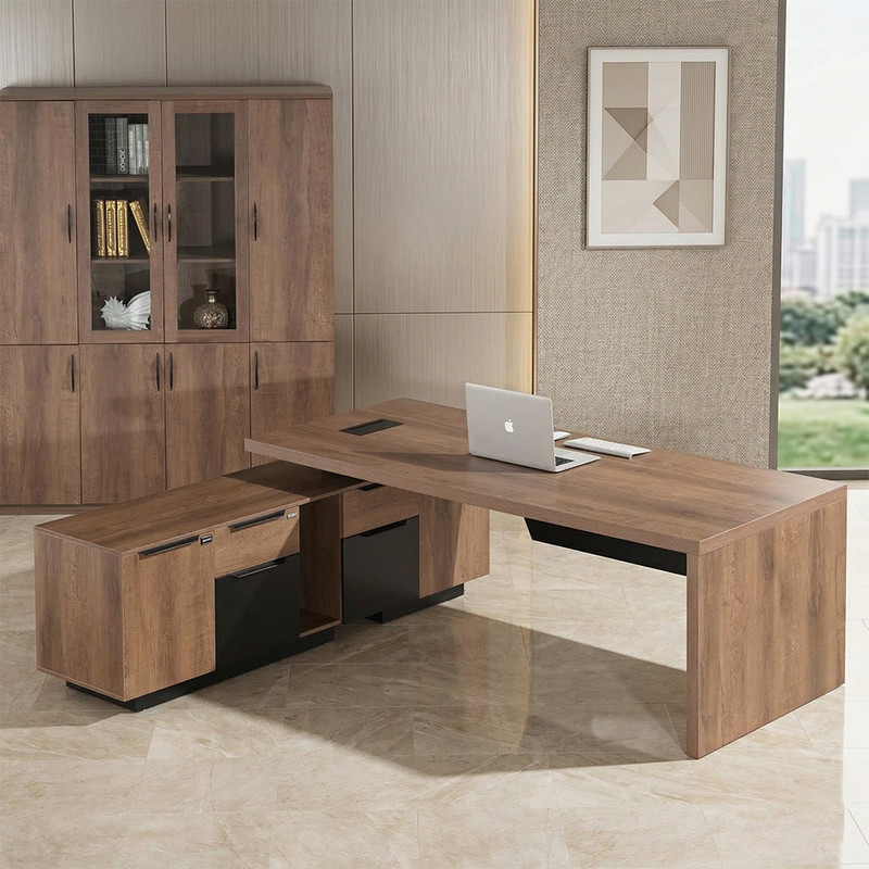Retractable L-Shaped Executive Desk Lateral File Cabinet Workstation 71-95" gallery